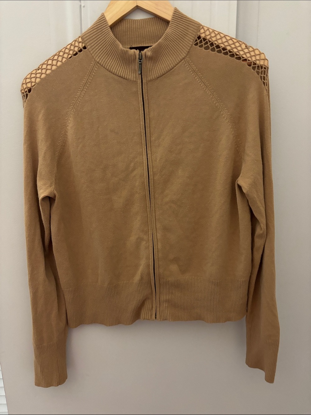 Bandolino Zip-Front Knit Jacket in Tan cut out mesh side panels L